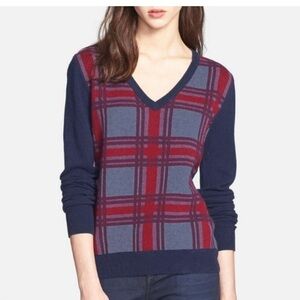 Equipment Femme Wool Yak Blend Plaid Knit Sweater Women M Navy Red Academia ASO